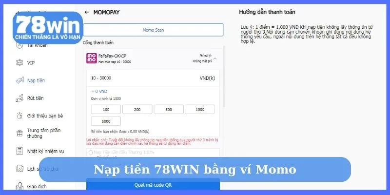 Nạp tiền 78WIN bằng ví Momo